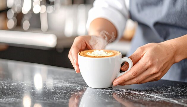Barista hands carefully holding a steaming cup of frothy coffee with latte art