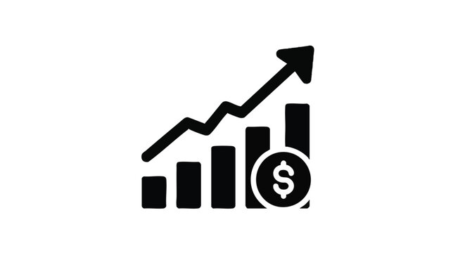 A black and white icon of a bar chart with an upward trending arrow and a dollar sign, symbolizing financial growth.