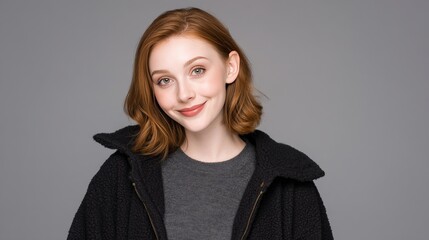 Obraz premium Cheerful Young Woman in Cozy Outfit Smiling Against a Neutral Background