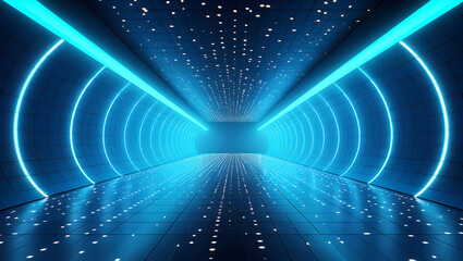 Futuristic tunnel with blue neon lights and reflective floor, abstract design