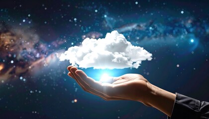 Hand holding a glowing cloud in a starry night sky