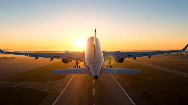 Dramatic sunrise takeoff of a commercial airplane from a runway, showcasing the aircraft's ascent against a vibrant orange sky, highlighting the powerful engines and sleek design in the early