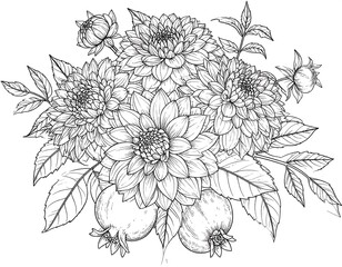 Elegant floral design with dahlias and pomegranates