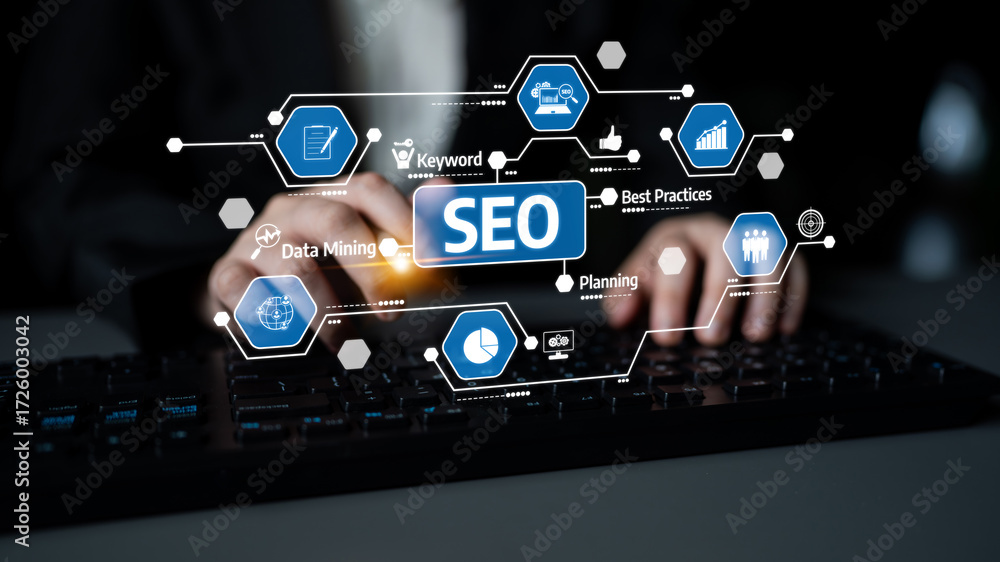 Poster a close-up view of hands typing on a keyboard with illuminated seo concepts and icons representing d