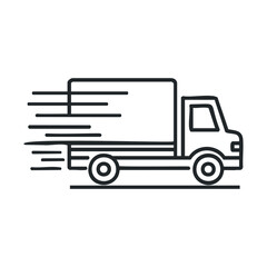 Fast delivery truck moving along a road in a busy urban area. Vector black icon