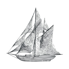 Vintage sailing ship illustration for nautical decor and design. Vector black icon