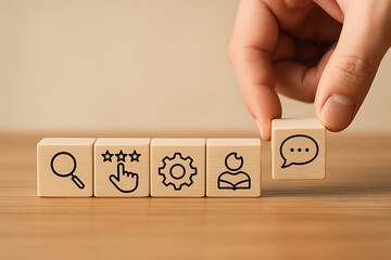 Customer service and support concept with wooden blocks showing icons for search, rating, gear, knowledge, and speech bubble