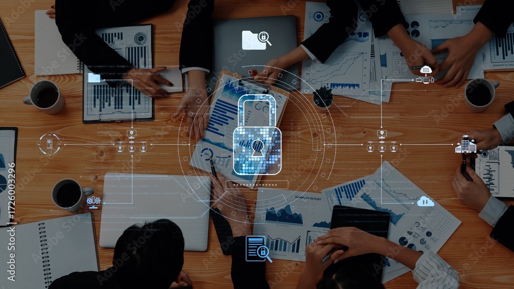 Poster a bustling business meeting centered on data security features professionals analyzing charts on var