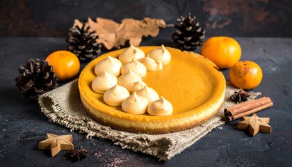 Fototapeta premium A Delicious Pumpkin Pie with Meringue Kisses and Festive Accents
