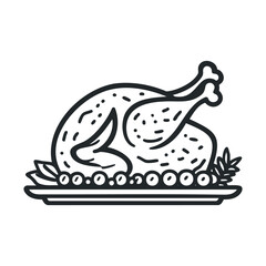 Delicious roasted turkey with herbs and vegetables for celebration. Vector black icon