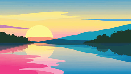Vibrant sunset over calm lake with reflecting hills and trees