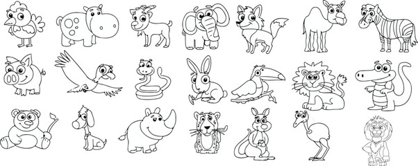 Cute Cartoon Animal Coloring Book Page Set – Fun Line Art for Kids