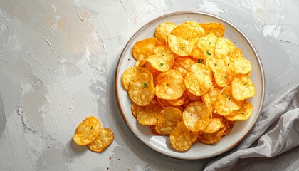 Golden crispy potato chips in bowl with scattered pieces on textured gray surface