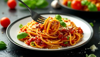 A plate of spaghetti with tomato sauce, garnished with basil and cheese