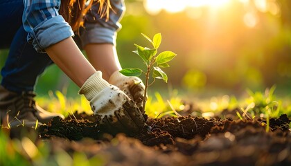 Woman planting a seedling in a garden