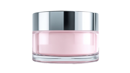 Round, clear glass jar of light pink cream.  Silver lid.  Cosmetic product