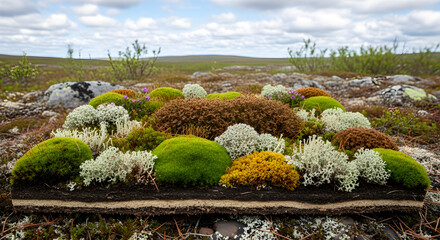 Vibrant Moss and Lichen Tundra Ecosystem: A Colorful Patchwork of Arctic Flora Thriving in Harsh Conditions, Showcasing Biodiversity and Resilience in Nature

