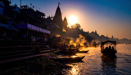 Varanasi Ghats Dawn Mist  . Religion concept. Generated Image