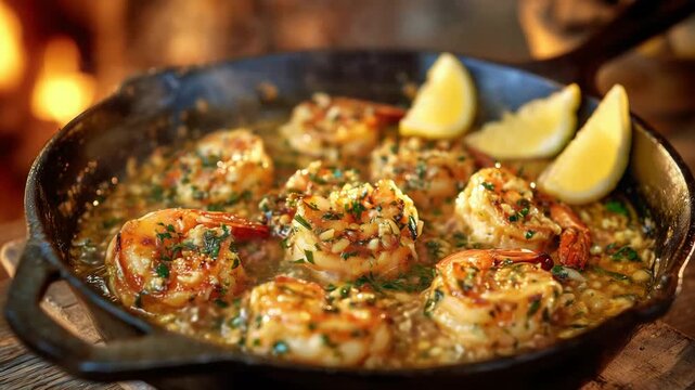 A cozy kitchen setting featuring a skillet of shrimp scampi sizzling in garlic butter, garnished with lemon wedges and fresh parsley, with steam wafting up.