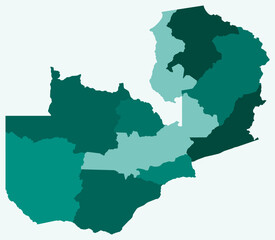 Map of Zambia with regions. Just a simple country border map with region division. Teal color palette. Plain Republic of Zambia shape with administrative division. Vector illustration.