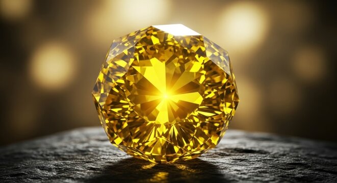 Radiant Yellow Diamonds Inner Fire Glowing on a Dark Stone with Golden Bokeh.