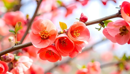 Vibrant red flowers blossom on a branch under a bright, soft, blurred sky backdrop