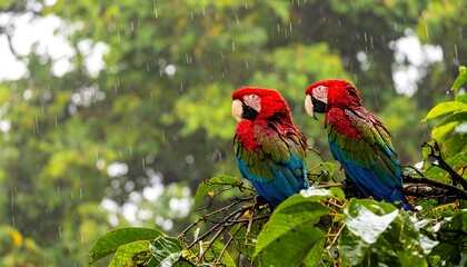 Two colorful macaws sit on a branch under a rain-soaked, lush green canopy