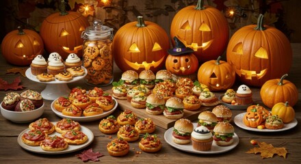 Sweet and savory Halloween snacks styled with carved pumpkins.
