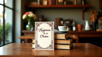 Card with text happiness is a choice placed on stacked books on a wooden table

Keywords