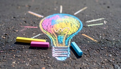 Colorful lightbulb drawing on asphalt