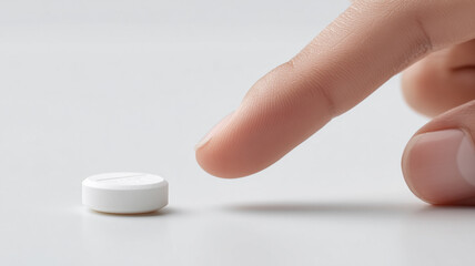 Hand reaching for a single tablet expressing medication decision making adherence responsibility and safe use.
