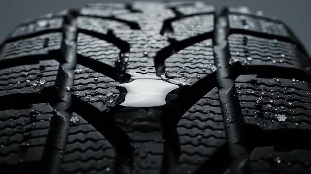 Close-up of black tire tread with water droplets and flowing liquid, showcasing intricate patterns and textures under soft lighting, emphasizing durability and performance in wet conditions