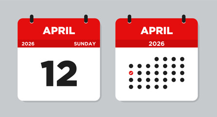 April 12 2026 Sunday Calendar Vector Illustration. April 12 calendar page. Day calendar with date April 12. Week Starts on Sunday. Modern Flat Calendar template icon