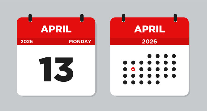 April 13 2026 Monday Calendar Vector Illustration. April 13 calendar page. Day calendar with date April 13. Week Starts on Sunday. Checklist day calendar. Modern Flat Calendar template icon