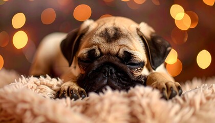 Sleepy pug puppy resting on a fuzzy blanket, with bokeh lights in background