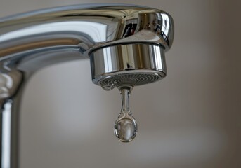 Chrome faucet close-up with water droplet captured mid-fall.
