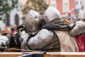 Medieval knights fighting in armor at a joust