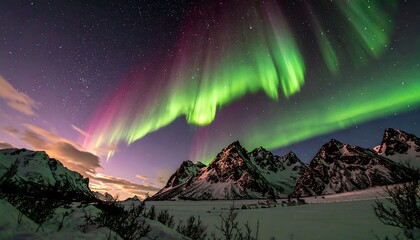 Spectacular aurora borealis paints the night sky over snowy mountain landscape