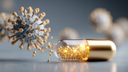 Antiviral capsule with microscopic particles confronting a pathogen illustrating breakthrough targeted therapy, symbolizing nanomedicine precision immunity and advanced biomedical innovation.

