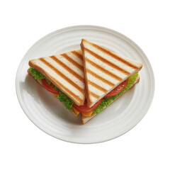 Two grilled cheese sandwiches,  topped with tomato and lettuce, on a white plate