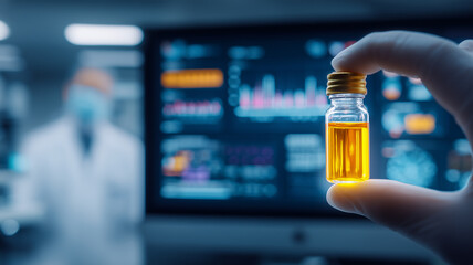 A laboratory vial held against data dashboards conveying data driven medicine clinical analytics and evidence based decisions for drug efficacy safety monitoring and real time research insights.
