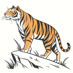 Obraz premium Stylized Bengal Tiger Standing on Rocky Outcrop with Grass wild animal predator