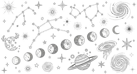 Hand drawn set of celestial elements: delicate constellations, phases of the moon, whimsical planets, stars and galaxies. Ethereal and magical line art design