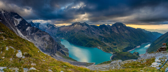 Panorama of Alps mountains on a sunny day. High resolution widescreen panorama of mountain...