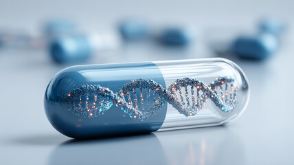 A pharmaceutical capsule with a visible DNA helix representing personalized medicine where genomics informs targeted therapy, precision dosing, and next generation drug development