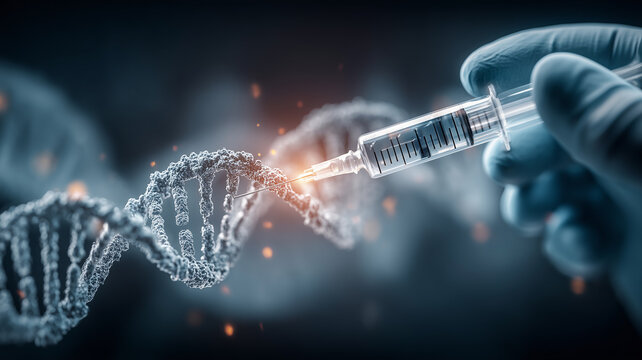 A syringe approaching a DNA strand to convey gene therapy and genome editing concepts, highlighting targeted correction, delivery platforms, and transformative biotechnology for disease treatment.
