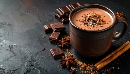 Dark chocolate hot cocoa in a mug, with spices