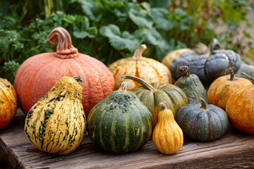 Assorted pumpkins and gourds on a wooden surface with green foliage in the background.