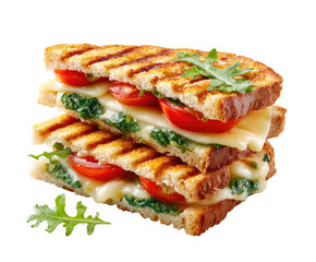 Grilled cheese sandwich with spinach, tomato, and cheese, stacked, golden-brown toasted bread, fresh arugula