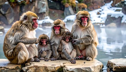 Japanese Macaque Family Relaxing by Hot Spring in Winter